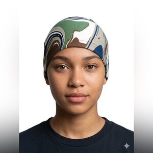 Multi-colored Abstract Swirl Print Beanie - Green, Blue, Brown, Cream